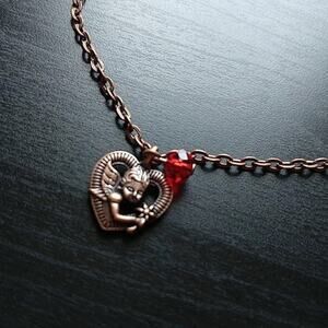 Anklet, heart cherub angel fairy brass red bead 9" new old stock fashion jewelry